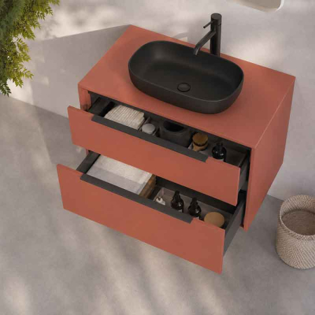 Mobilier lavoar pe blat Fluminia Istria 80, capac fix, front neted, maner negru, mattone [1]