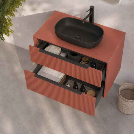 Mobilier lavoar pe blat Fluminia Istria 80, capac fix, front riflat, 2 sertare soft close, mattone [2]