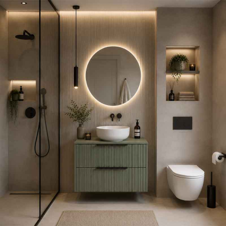 Mobilier lavoar pe blat Fluminia Istria 80, capac fix, front riflat, 2 sertare soft close, salvia [2]