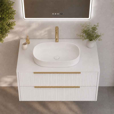 Mobilier lavoar pe blat Fluminia Istria 80, capac fix, front riflat, alb mat, maner auriu [2]