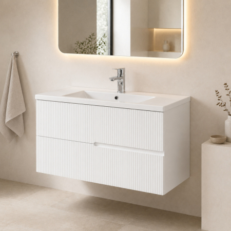 Mobilier lavoar pe blat Fluminia Malta, finisaj riflat, 100cm, 2 sertare soft close, alb [1]