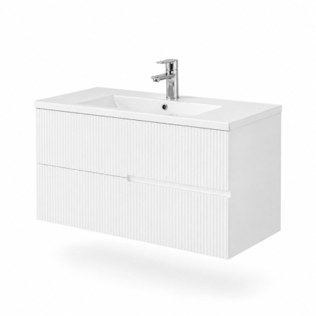 Mobilier pentru baie - Mobilier lavoar pe blat Fluminia Malta, finisaj riflat, 100cm, 2 sertare soft close, alb