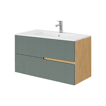 Mobilier pentru baie - Mobilier lavoar pe blat Fluminia Malta, finisaj riflat, 100cm, 2 sertare soft close, salvia