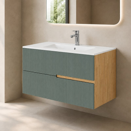 Mobilier lavoar pe blat Fluminia Malta, finisaj riflat, 100cm, 2 sertare soft close, salvia [1]