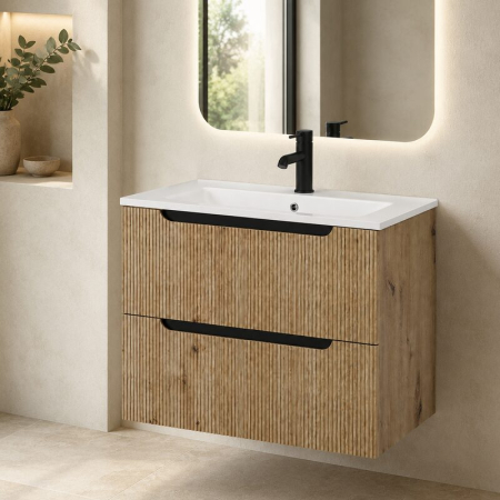 Mobilier lavoar pe blat Fluminia Malta, finisaj riflat, 60cm, 2 sertare soft close, Rovere Oro [1]