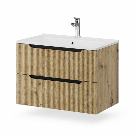 Baie - Mobilier lavoar pe blat Fluminia Malta, finisaj riflat, 80cm, 2 sertare soft close, Rovere Oro