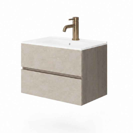 Mobilier pentru baie - Mobilier lavoar suspendat Fluminia Genova 60, front rugos almond, laterale noce americano