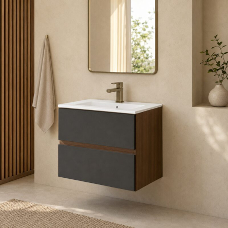 Mobilier lavoar suspendat Fluminia Genova 60, modular, nero mat, laterale rovere moka [2]