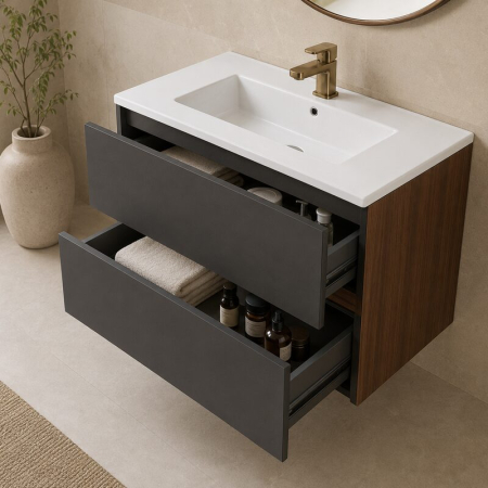 Mobilier lavoar suspendat Fluminia Genova 80, modular, nero mat, laterale rovere moka [1]