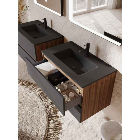 Mobilier lavoar suspendat Fluminia Genova 80, modular, nero mat, laterale rovere moka [2]
