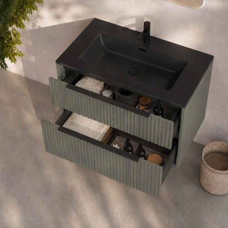 Mobilier lavoar suspendat Fluminia Istria 80, front riflat, 2 sertare soft close, salvia [2]