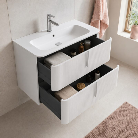 Mobilier lavoar suspendat Fluminia Pisa 100, front riflat, 2 sertare soft close, alb mat [2]