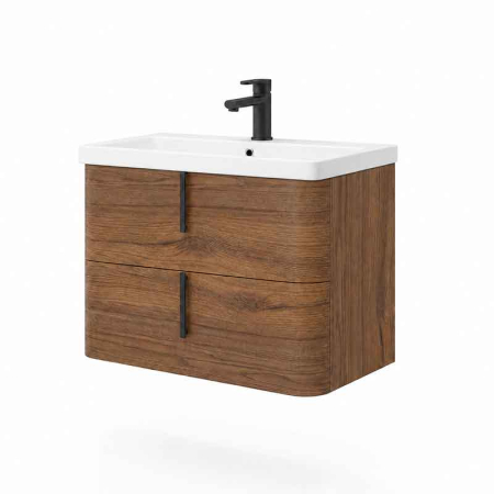 Baie - Mobilier lavoar suspendat Fluminia Pisa 80, front neted, maner negru, 2 sertare, tabacco