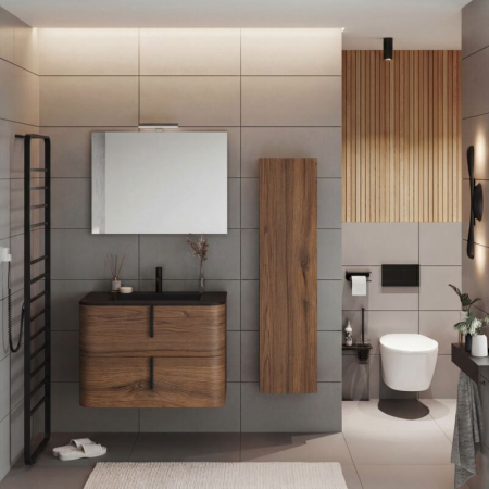 Mobilier lavoar suspendat Fluminia Pisa 80, front neted, maner negru, 2 sertare, tabacco [2]