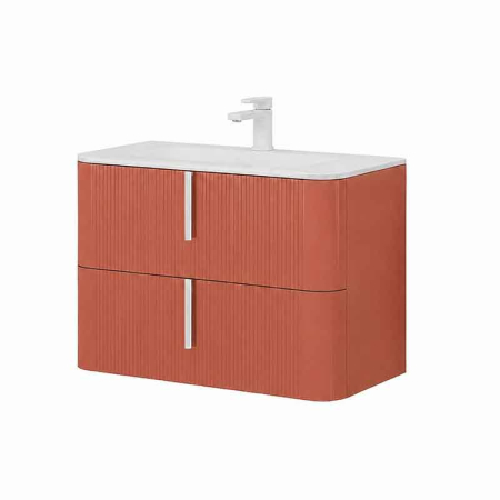 Baie - Mobilier lavoar suspendat Fluminia Pisa 80, front riflat, maner alb, 2 sertare, mattone