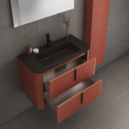 Mobilier lavoar suspendat Fluminia Pisa 80, front riflat, maner negru, 2 sertare, mattone [2]