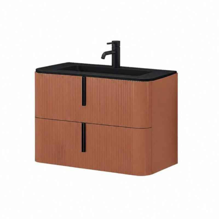 Baie - Mobilier lavoar suspendat Fluminia Pisa 80, front riflat, maner negru, 2 sertare, mattone