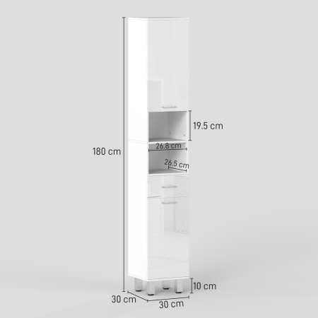  Mobilier pentru Baie cu 1 Sertar 3 Rafturi Ajustabile si 2 Dulapuri, 30x30x180 cm, Alb Lucios [2]