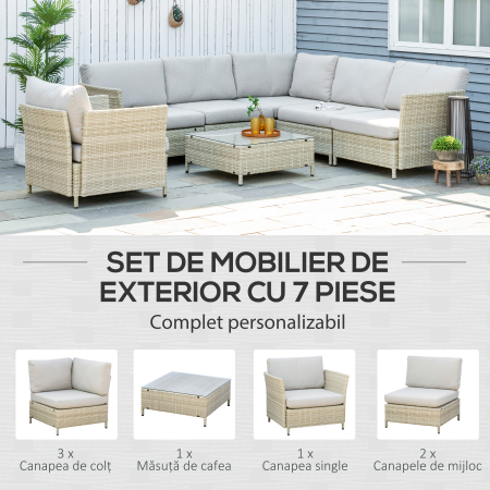  Mobilier pentru gradina 7 bucati, modular cu masuta, fotoliu, fotoliu de colt si 2 canapele din ratan PE cu perne, bej [3]