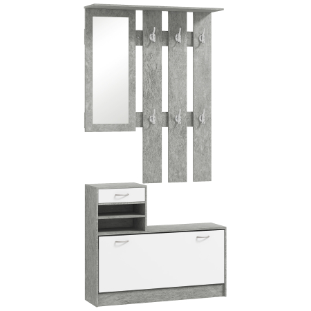 Living & hol -  Mobilier pentru Hol cu Raft pentru incaltaminte, Oglinda, 6 Carlige, 2 Rafturi si Sertare, 90x24x177 cm, Gri
