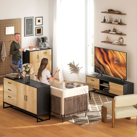  Mobilier pentru TV de 60" cu Dulapior, 2 Sertare si Rafturi Deschise Reglabile, 140x35x45 cm, Lemn Natural [8]
