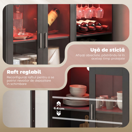  Mobilier pentru Vinuri cu Lumini LED RGB si Suport pentru 12 Sticle, Dulap pentru Vinuri cu Raft Ajustabil si Usi Soft-Close din Sticla pentru Casa, Bucatarie si Sala de Mese, Negru [5]