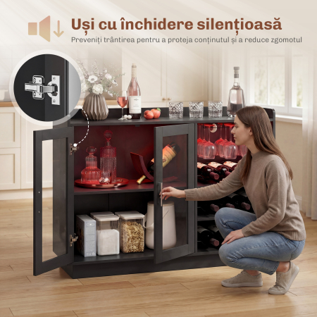  Mobilier pentru Vinuri cu Lumini LED RGB si Suport pentru 12 Sticle, Dulap pentru Vinuri cu Raft Ajustabil si Usi Soft-Close din Sticla pentru Casa, Bucatarie si Sala de Mese, Negru [7]