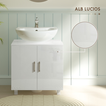  Mobilier Sub Chiuveta pentru Baie cu 2 Usi, Raft Central, Maner si Picioare Antiderapante, 60x35x60 cm, Alb Lucios [5]