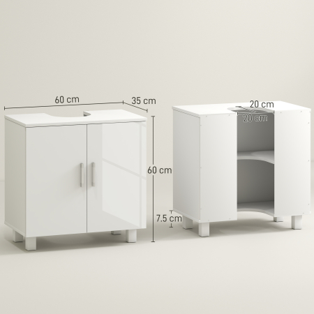  Mobilier Sub Chiuveta pentru Baie cu 2 Usi, Raft Central, Maner si Picioare Antiderapante, 60x35x60 cm, Alb Lucios [2]