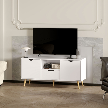  Mobilier TV de 50" cu Sertar, Raft Deschis si 2 Dulapuri, Mobilier TV cu 5 Picioare din Lemn, 110x40x50 cm, Alb [7]