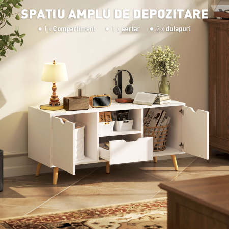  Mobilier TV de 50" cu Sertar, Raft Deschis si 2 Dulapuri, Mobilier TV cu 5 Picioare din Lemn, 110x40x50 cm, Alb [3]