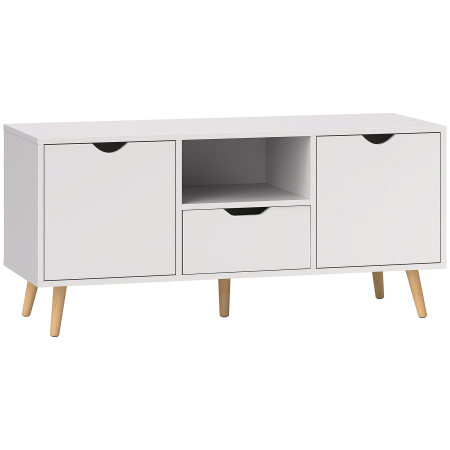 Living & hol -  Mobilier TV de 50" cu Sertar, Raft Deschis si 2 Dulapuri, Mobilier TV cu 5 Picioare din Lemn, 110x40x50 cm, Alb
