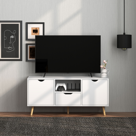  Mobilier TV de 50" cu Sertar, Raft Deschis si 2 Dulapuri, Mobilier TV cu 5 Picioare din Lemn, 110x40x50 cm, Alb [8]