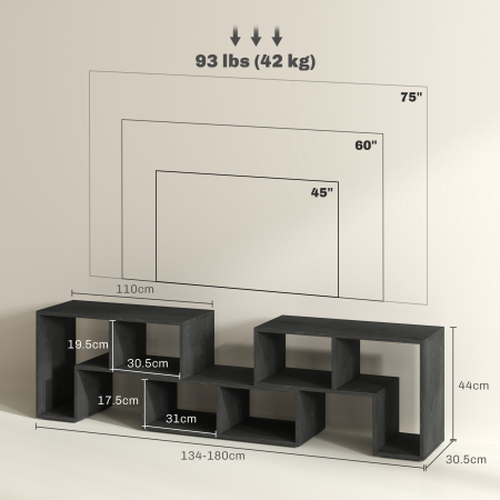  Mobilier TV modulabil pentru televizoare de pana la 75" cu 2 rafturi in forma de L si polita dreptunghiulara, din lemn, 134-180x30,5x44 cm, negru [2]