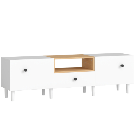 Living & hol -  Mobilier TV, Suport TV pana la 70" cu 2 Usi Rabatabile, Balamale Soft Close, Sertar, Raft Deschis, 8 Picioare, 150x35x45 cm, Alb si Lemn