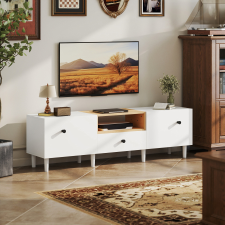  Mobilier TV, Suport TV pana la 70" cu 2 Usi Rabatabile, Balamale Soft Close, Sertar, Raft Deschis, 8 Picioare, 150x35x45 cm, Alb si Lemn [7]