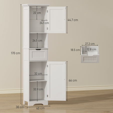  Mobilier Vertical de Baie Slim cu 2 Dulapuri cu Usi, LED cu Senzor, Mobilier Compact cu Raft Deschis, Sertar, Picioare Reglabile, 40x30x170 cm, Alb [2]