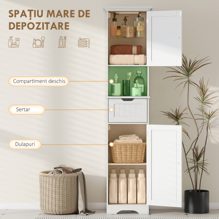  Mobilier Vertical de Baie Slim cu 2 Dulapuri cu Usi, LED cu Senzor, Mobilier Compact cu Raft Deschis, Sertar, Picioare Reglabile, 40x30x170 cm, Alb [4]