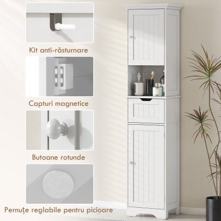  Mobilier Vertical de Baie Slim cu 2 Dulapuri cu Usi, LED cu Senzor, Mobilier Compact cu Raft Deschis, Sertar, Picioare Reglabile, 40x30x170 cm, Alb [6]