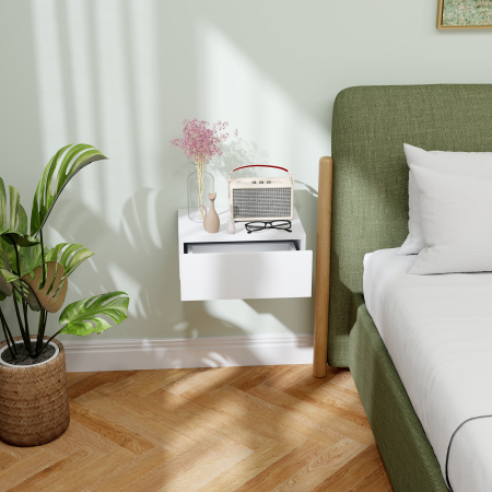  Noptier Suspendat Modern cu Sertar, din Lemn, 40x30x15 cm, Alb [5]