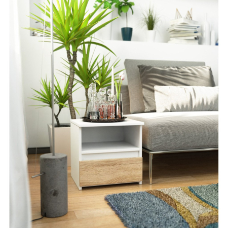 Noptiera cu 1 sertar, PAL laminat 16mm, 40x35x40 cm, alb si stejar sonoma [5]