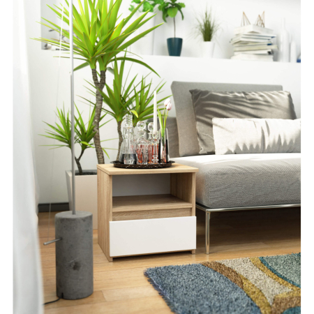 Noptiera cu 1 sertar, PAL laminat 16mm, 40x35x40 cm, stejar sonoma si alb [4]