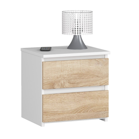 Mobila dormitor - Noptiera cu 2 sertare, din PAL laminat, 40x35x40 cm, alb si stejar sonoma