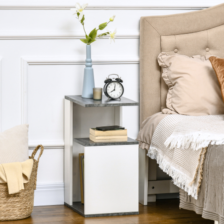  Noptiera cu raft deschis din PAL, noptiera moderna cu design neregulat, 35x29,5x60cm, gri si alb [1]