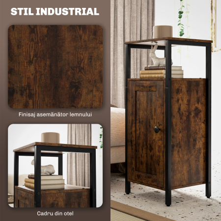  Noptiera in Stil Industrial cu 2 Rafturi Deschise si Raft Interior Reglabil pe 3 Nivele, 34x30x80 cm, Maro Rustic [5]