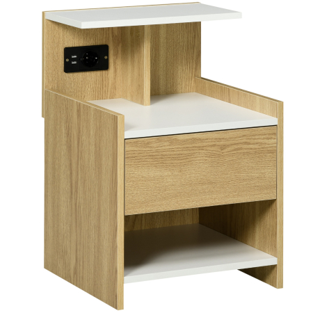 Dormitor & birou -  Noptiera Moderna cu Prize & USB - Lemn Natur, Sertar 40×40×60 cm