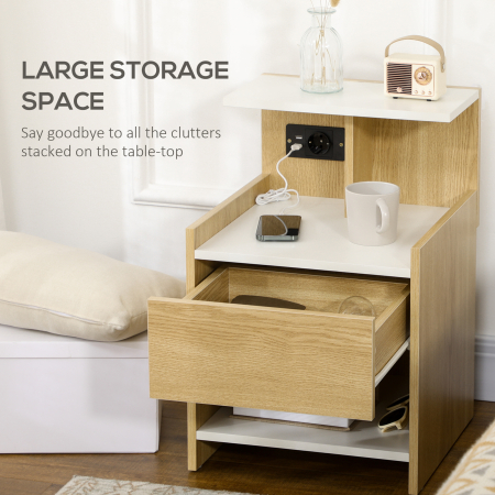  Noptiera Moderna cu Prize & USB - Lemn Natur, Sertar 40×40×60 cm [4]