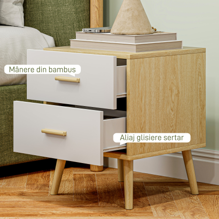 Noptiera Moderna din Lemn cu 2 Sertare 40x40x50 cm Stejar [5]