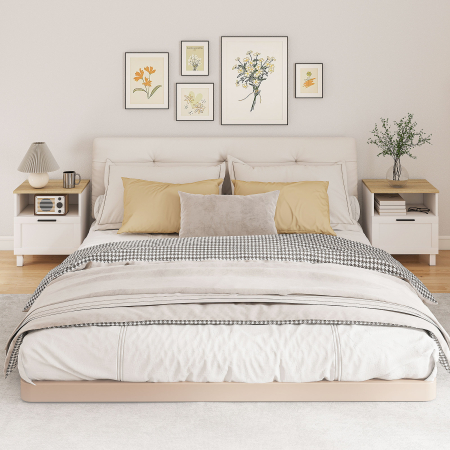  Noptiera Moderna Minimalista cu Sertar si Raft Deschis, din Lemn, 45x38x50 cm, Alb si Lemn Natural [7]