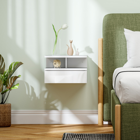  Noptiera Suspendata pentru Dormitor cu Sertar si Raft Deschis din Lemn, 35x32x22.5 cm, Alb [5]